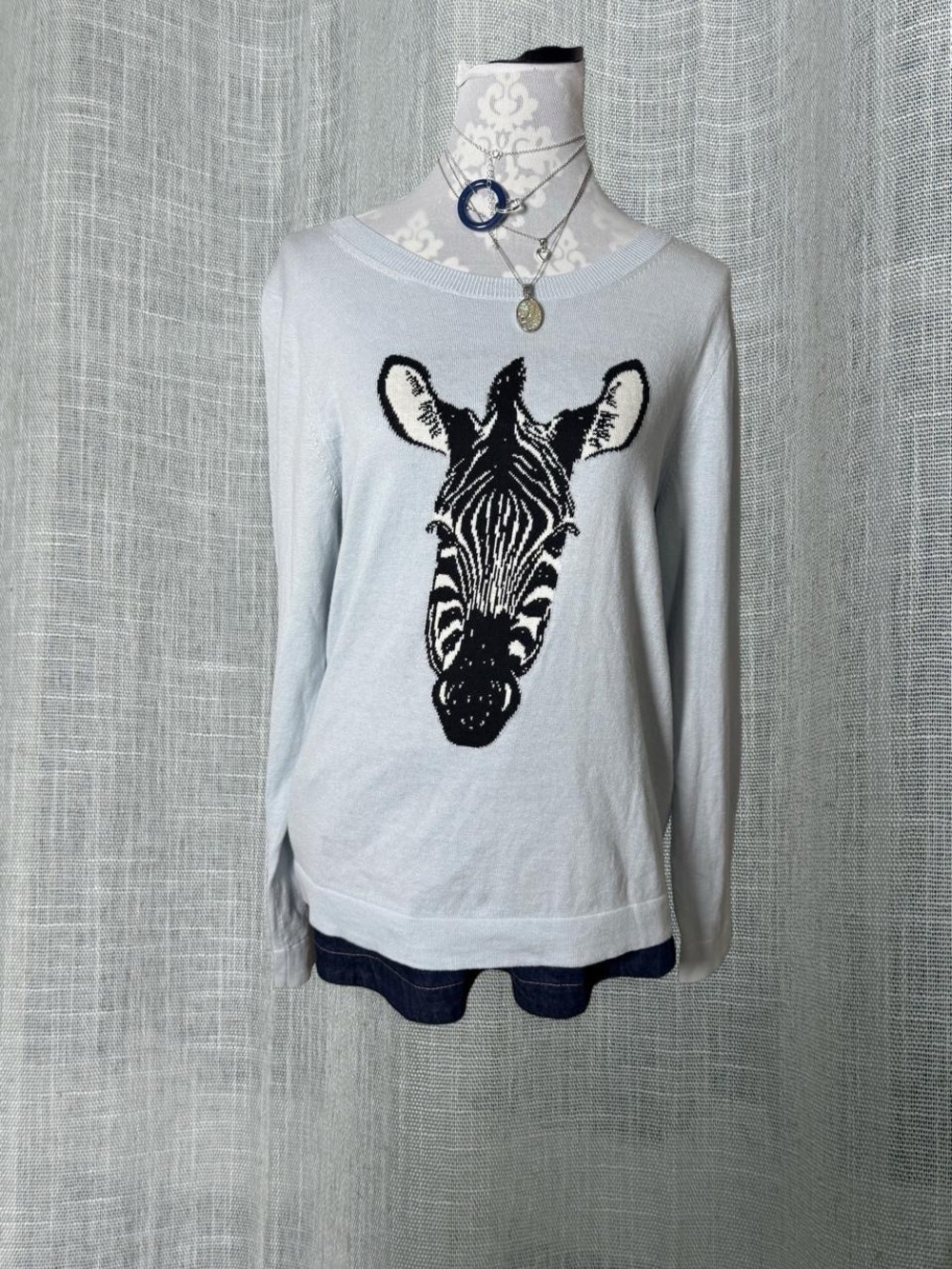 J.Crew Zebra Intarsia Sweater | Baby Blue Cotton Knit Size Large